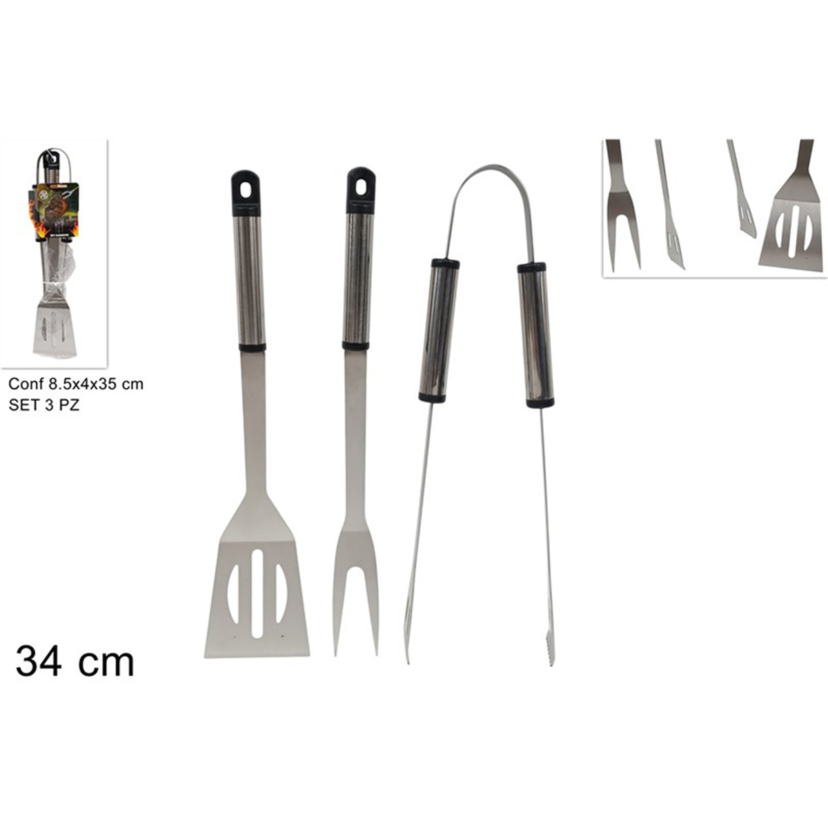 Steel Barbecue Accessories – 3 Pieces, 34 cm