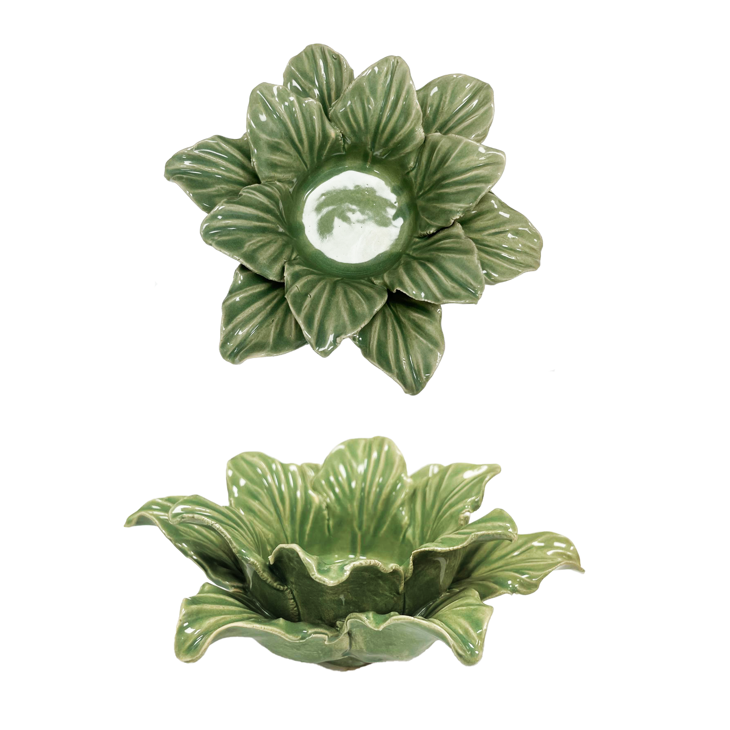 Flower Candle Holder – Green Stoneware, 14 cm