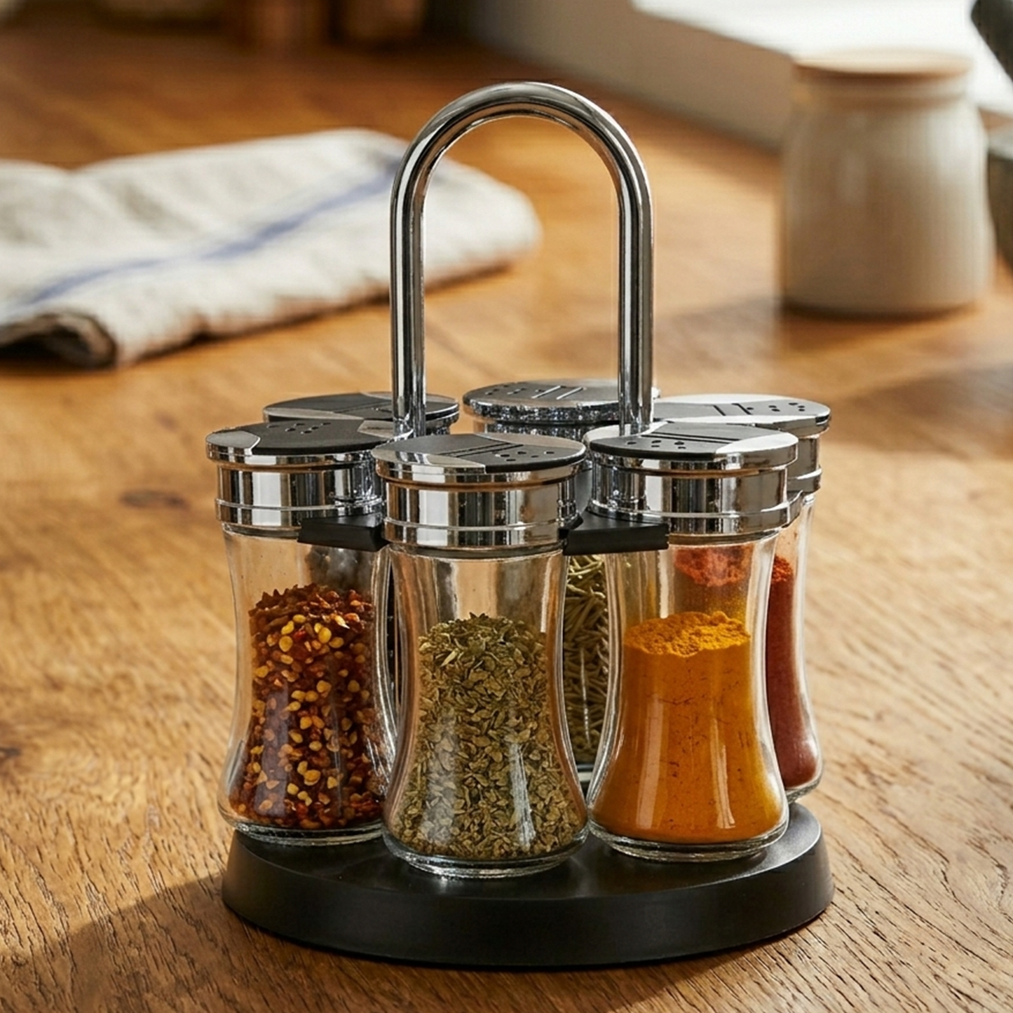 Glass Line of spice jars 6 pieces with stand