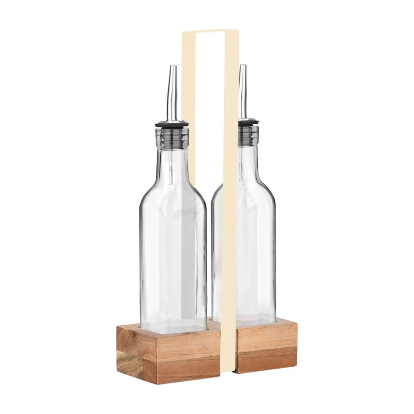 Oil and Vinegar Bottles with Wooden Base – Set of 2, 280 ml
