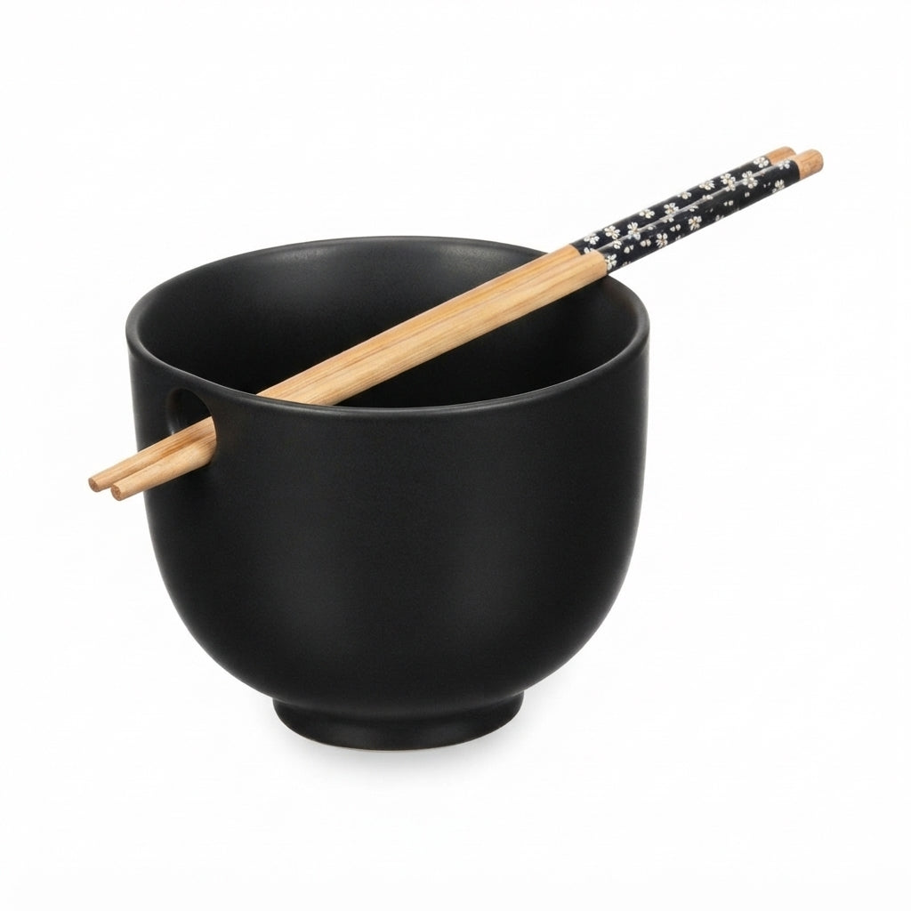 Asian Stoneware Bowl – White with Bamboo Chopsticks
