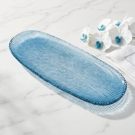 Roche Glass Serving Plate – Blue, 42 × 17 × 2 cm