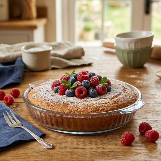 Round transparent glass baking dish