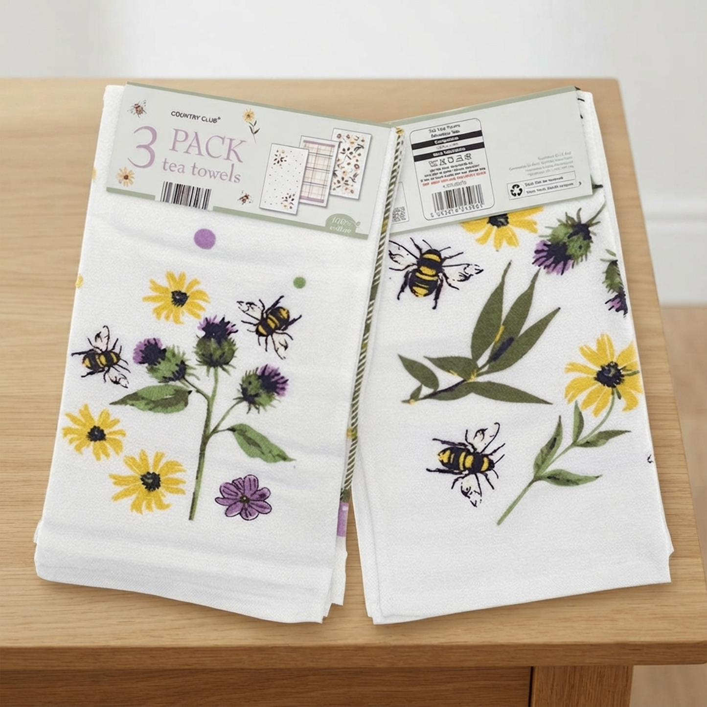 Tea Towels Velour Floral Bees – Pack of 3