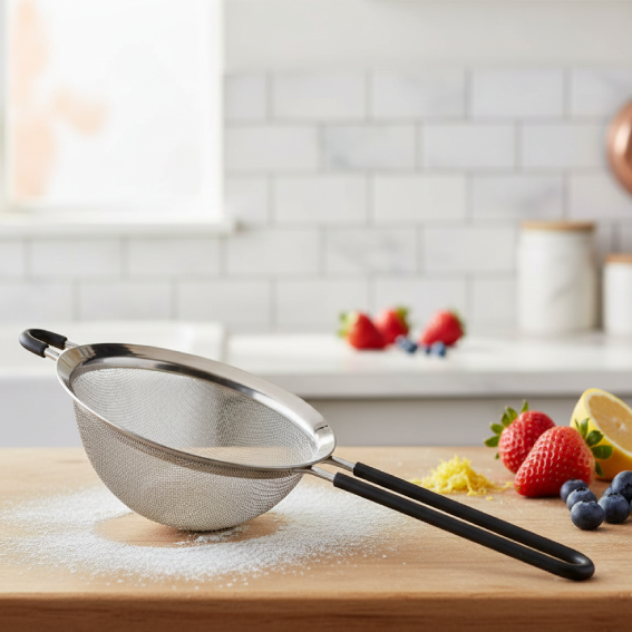 Stainless steel sieve with black handle