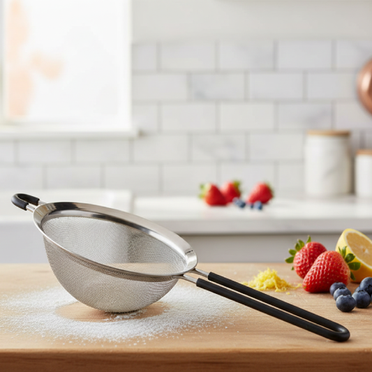 Stainless steel sieve with black handle