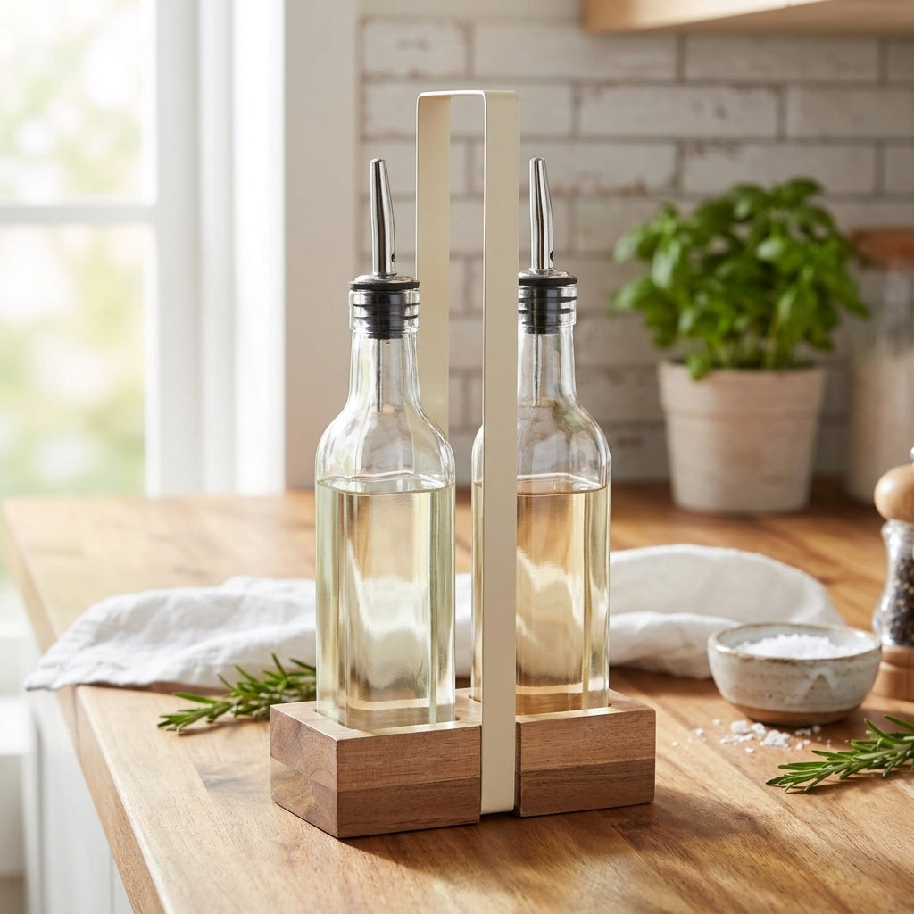 Oil and Vinegar Bottles with Wooden Base – Set of 2, 280 ml