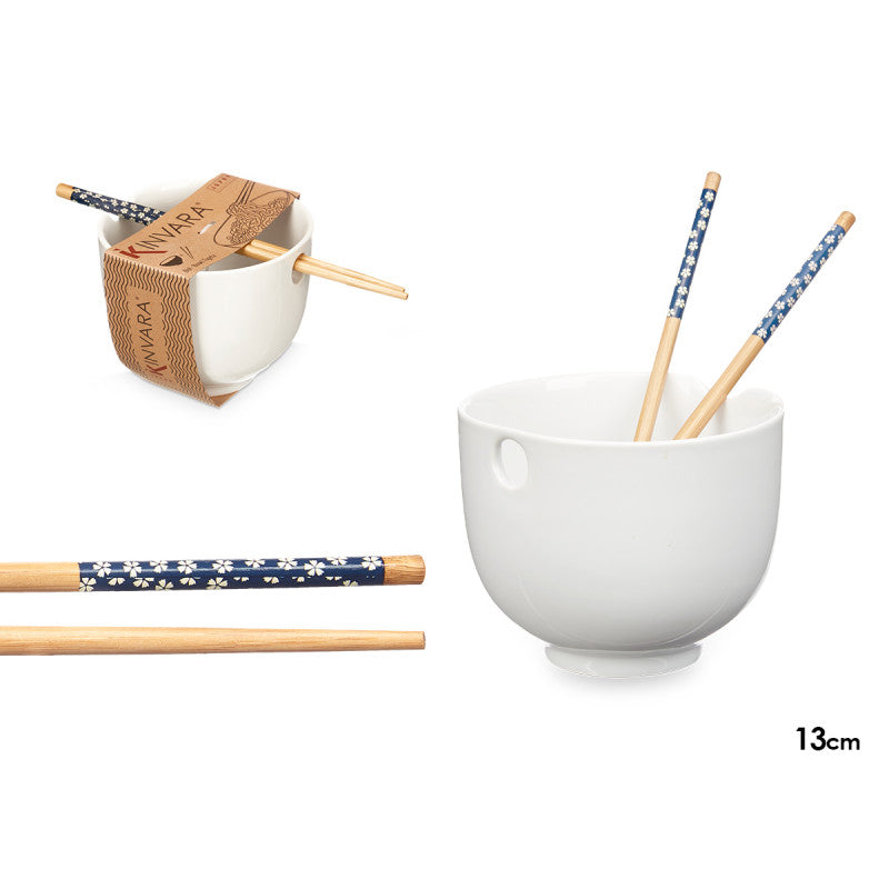 Asian Stoneware Bowl – White with Bamboo Chopsticks