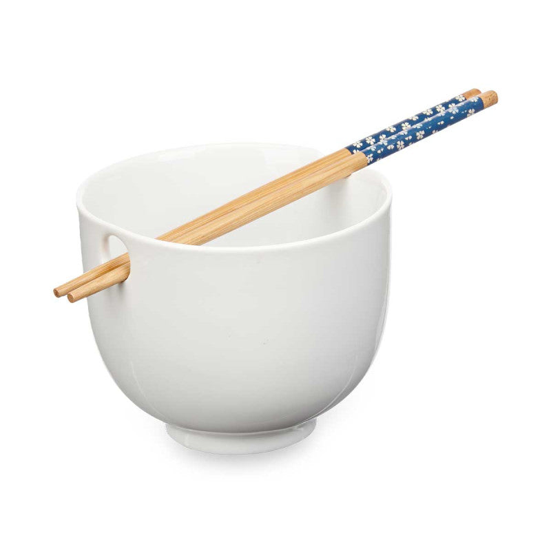 Asian Stoneware Bowl – White with Bamboo Chopsticks