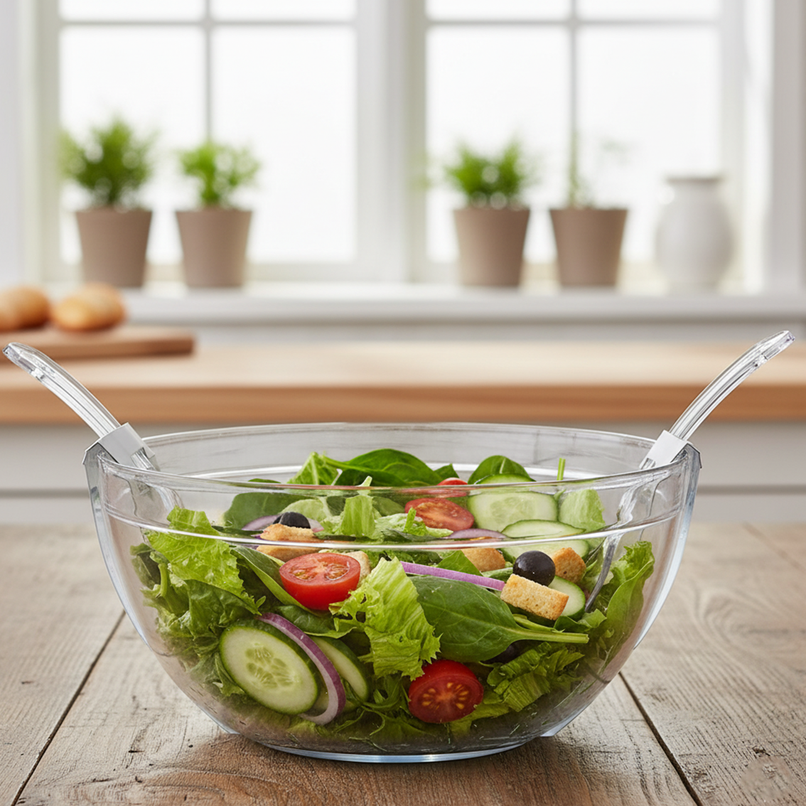 Salad bowl with 2 serving utensils