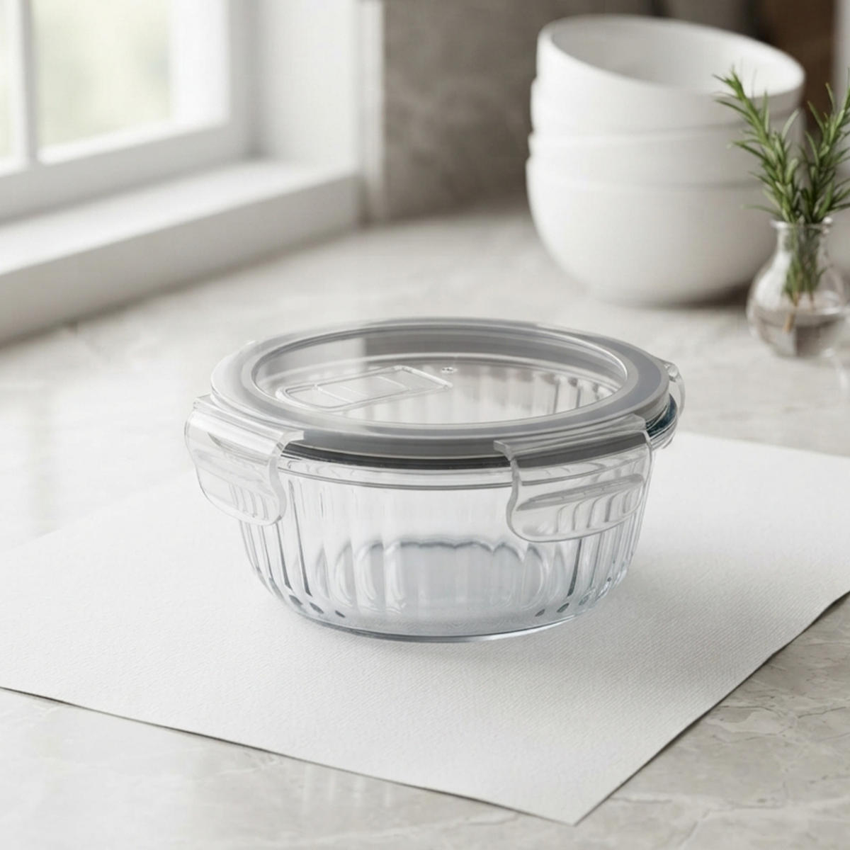 Round Glass Lunch Box with Plastic Lid – 13x5.2 cm