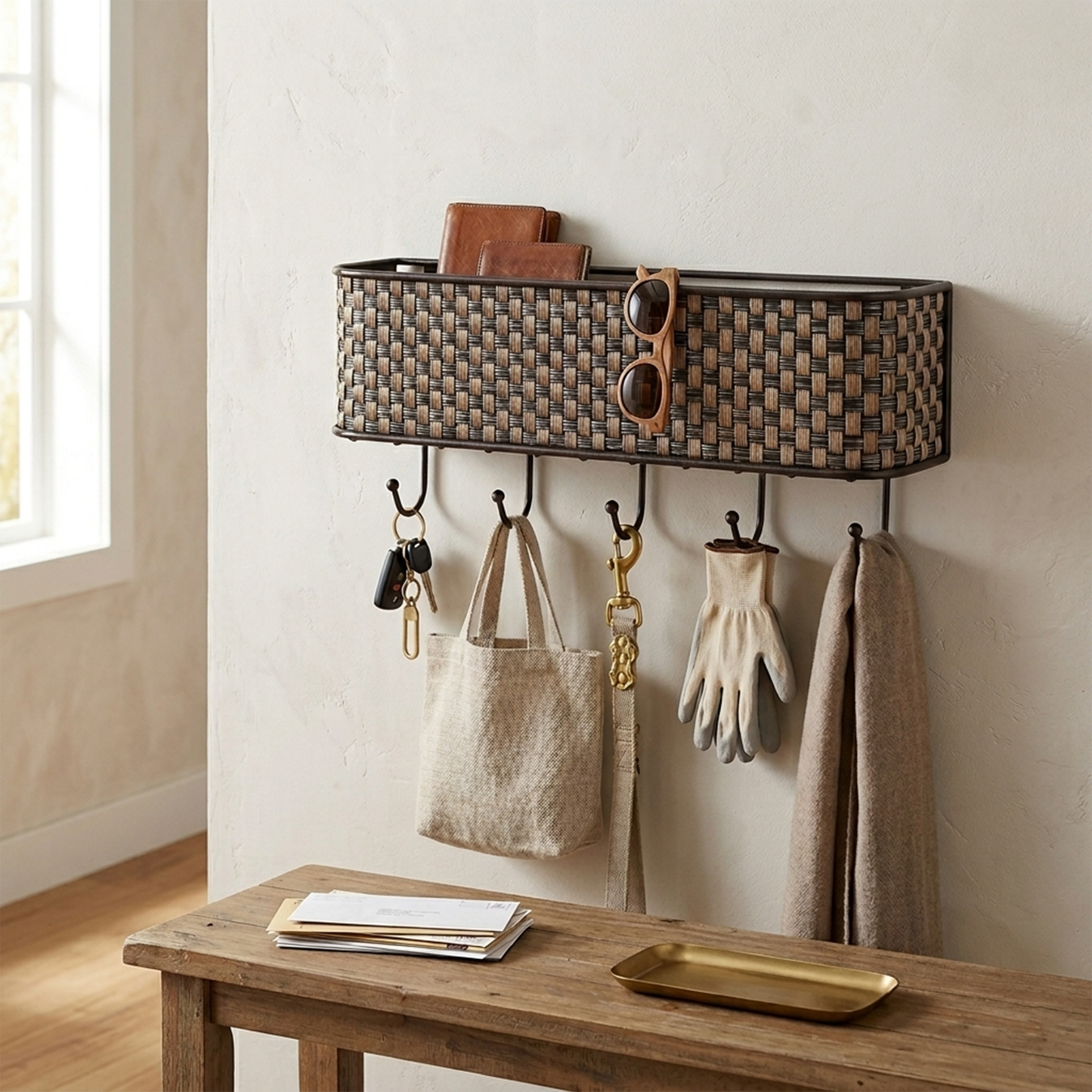 Home Basics Wall Mounted Letter Tray with 5 Key Hooks – Brown