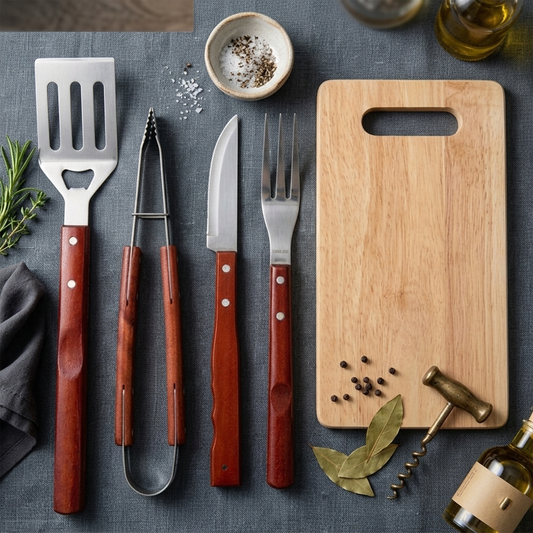 BBQ Tool Set – 4 Pieces with Wood Cutting Board