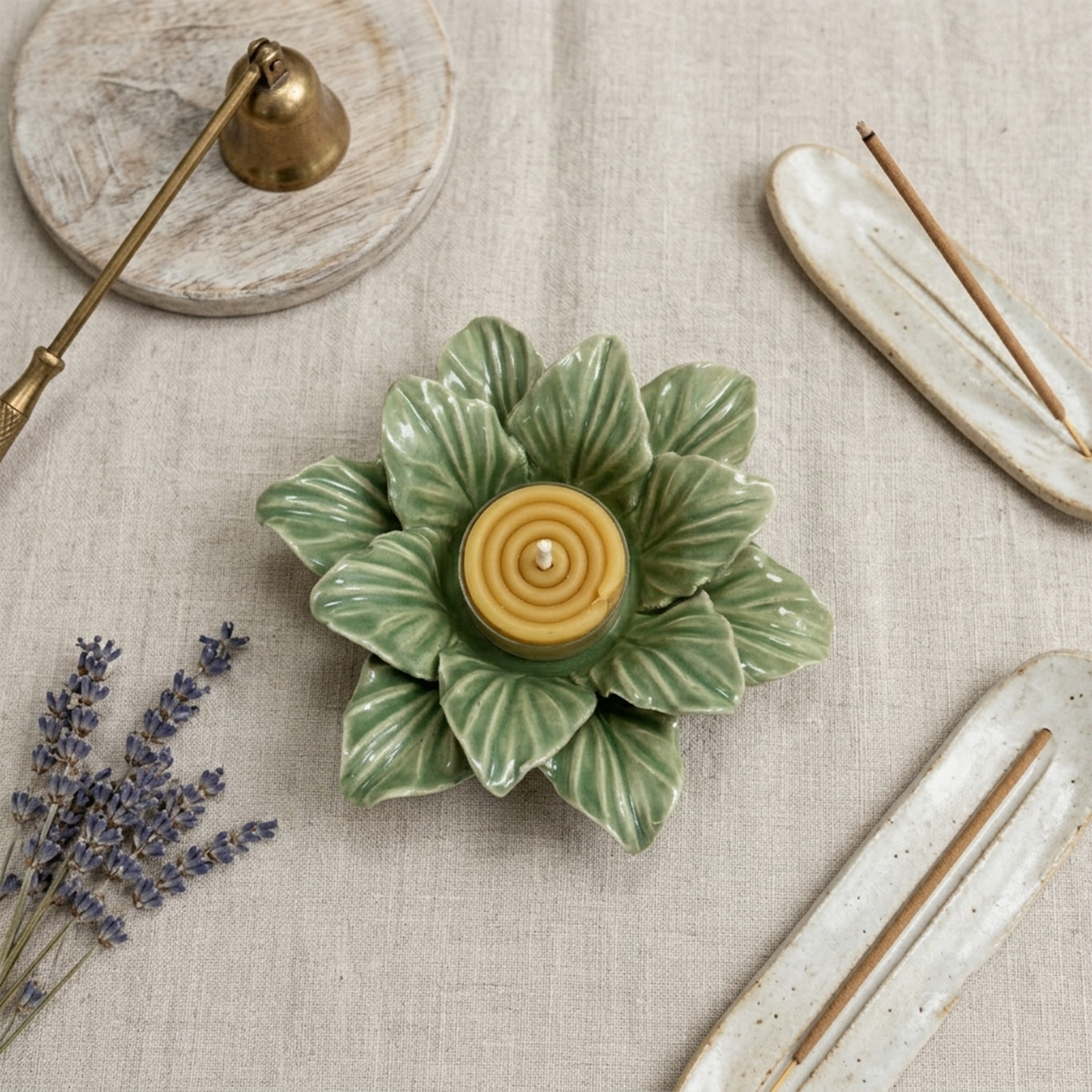 Flower Candle Holder – Green Stoneware, 14 cm