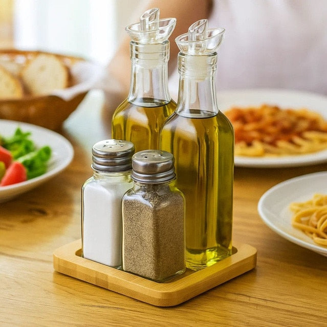 Spice and oil set with wooden base, 4-piece