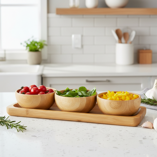 3 Bamboo bowls and bamboo plate